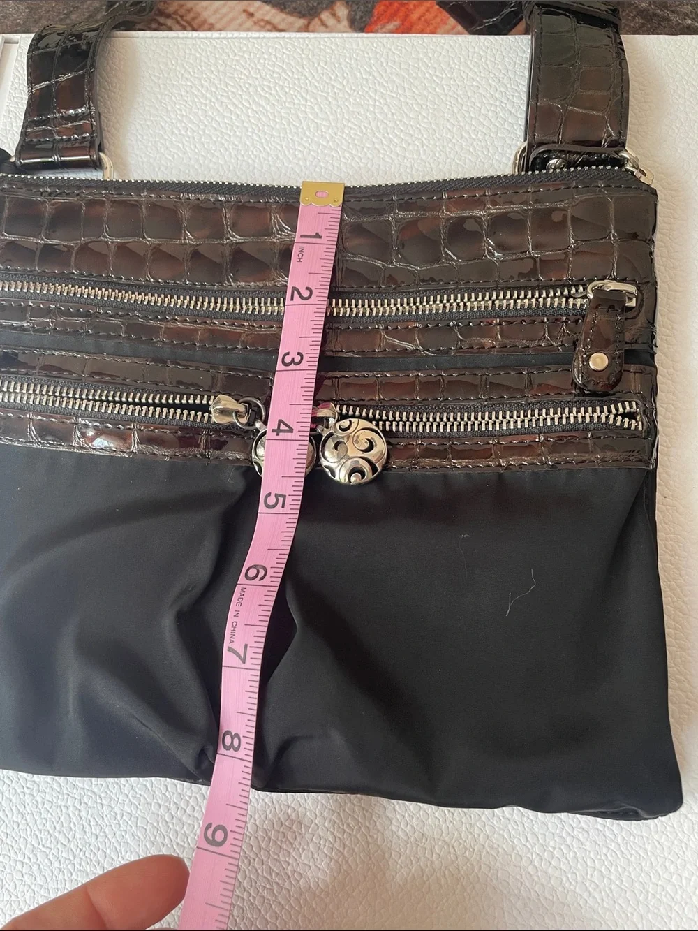 Brighton Brown Croc Embossed Crossbody Adjustable Bag With Silver Heart